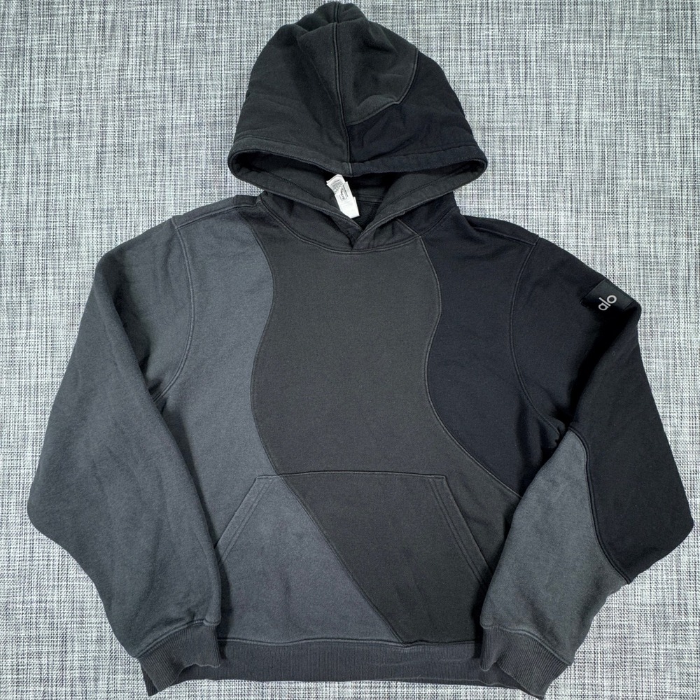 Alo Yoga Unisex XS Make Waves Hoodie Black Gray Colorblock Oversized Fleece